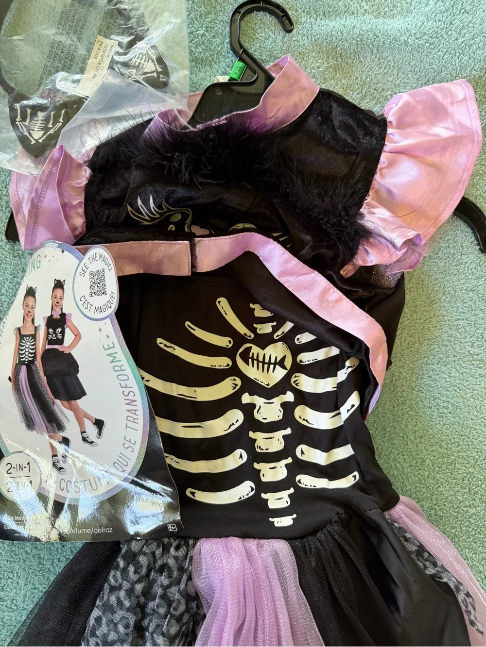 Cute Black Cat Skeleton Girls Halloween Costume 2-In-1 Reversible Dress Size M